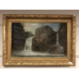 A 20th century school : A waterfall, oil on canvas, 72 x 45 cm, framed.