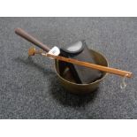 An antique brass saucepan together with a wooden back scratcher and a pair of Praktica 12 x 25