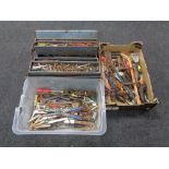A metal concertina tool box together with two further tool boxes containing assorted hand tools and