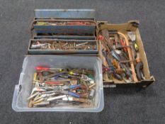 A metal concertina tool box together with two further tool boxes containing assorted hand tools and