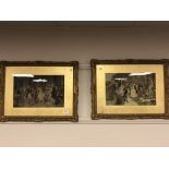 A pair of antique colour prints depicting a salon interior and a picnic, 37 x 24 cm,