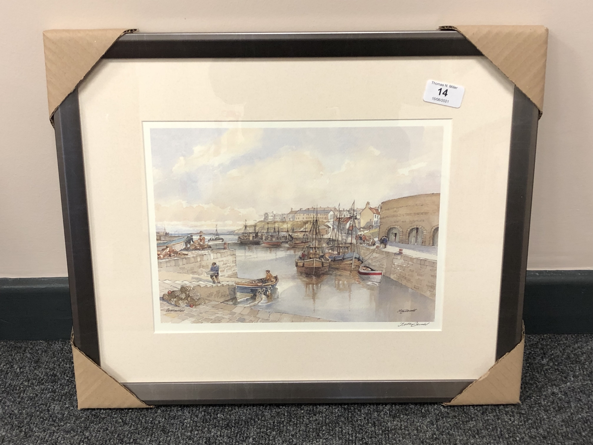 After Tom MacDonald : Seahouses, reproduction in colours, signed in pencil, 21 cm by 30 cm, framed.