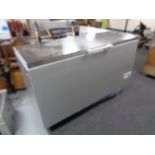 A stainless steel topped chest freezer, width 156 cm.