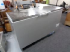 A stainless steel topped chest freezer, width 156 cm.