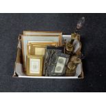 A box containing a pair of Laura Ashley table lamps with shades, assorted picture frames,