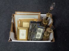 A box containing a pair of Laura Ashley table lamps with shades, assorted picture frames,