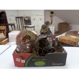 A box containing papier-mache table lamp, metal wine rack, figural table lamp etc.