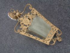 An antique brass hanging light fitting with etched glass shades (as found).