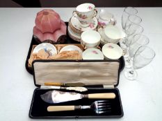 A tray containing Regency bone china tea service, glasses, pink Art Deco glass shade, cased servers.