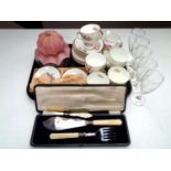 A tray containing Regency bone china tea service, glasses, pink Art Deco glass shade, cased servers.