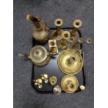 A box of antique and later brass - candlesticks, plated teapot,