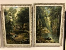 J W Ogden (Late 19th century) : A river running through trees, oil on canvas, 29 x 44 cm,
