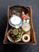 A box of miscellaneous to include Nao figures (a/f), cut glass fruit bowl and biscuit barrel,