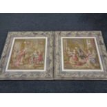 A pair of framed tapestries depicting 18th century parlour scenes