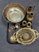 A tray of 20th century brass wares and a silver plated punch bowl