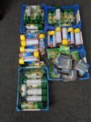 Seven plastic crates containing spray paints, rust proofers, twist wire door springs etc.