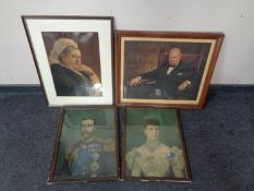 A framed colour lithographic print of Queen Victoria together with three further framed prints of