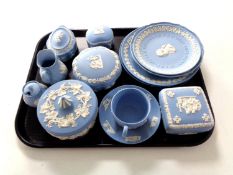 A tray of fourteen pieces of Wedgwood blue and white Jasperware including four-piece tea for two,