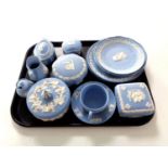 A tray of fourteen pieces of Wedgwood blue and white Jasperware including four-piece tea for two,