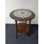 A 20th century beech two tier coffee table with pietra dura inset panel