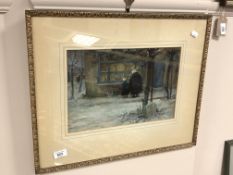 P Smith : Two figures by a shop window, watercolour, 35 x 24 cm, framed.