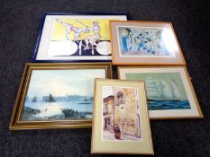 A framed E Thompson print of a tall ship together with four other framed prints