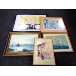 A framed E Thompson print of a tall ship together with four other framed prints