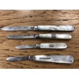 Three antique silver and mother of pearl handled fruit knives, plus one with stainless steel blade.