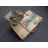 A 20th century luggage case together with a set of vintage kitchen scales and weights,