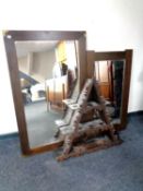 Two framed wall mirrors, one with brass mounts, together with a carved triangular wall shelf.