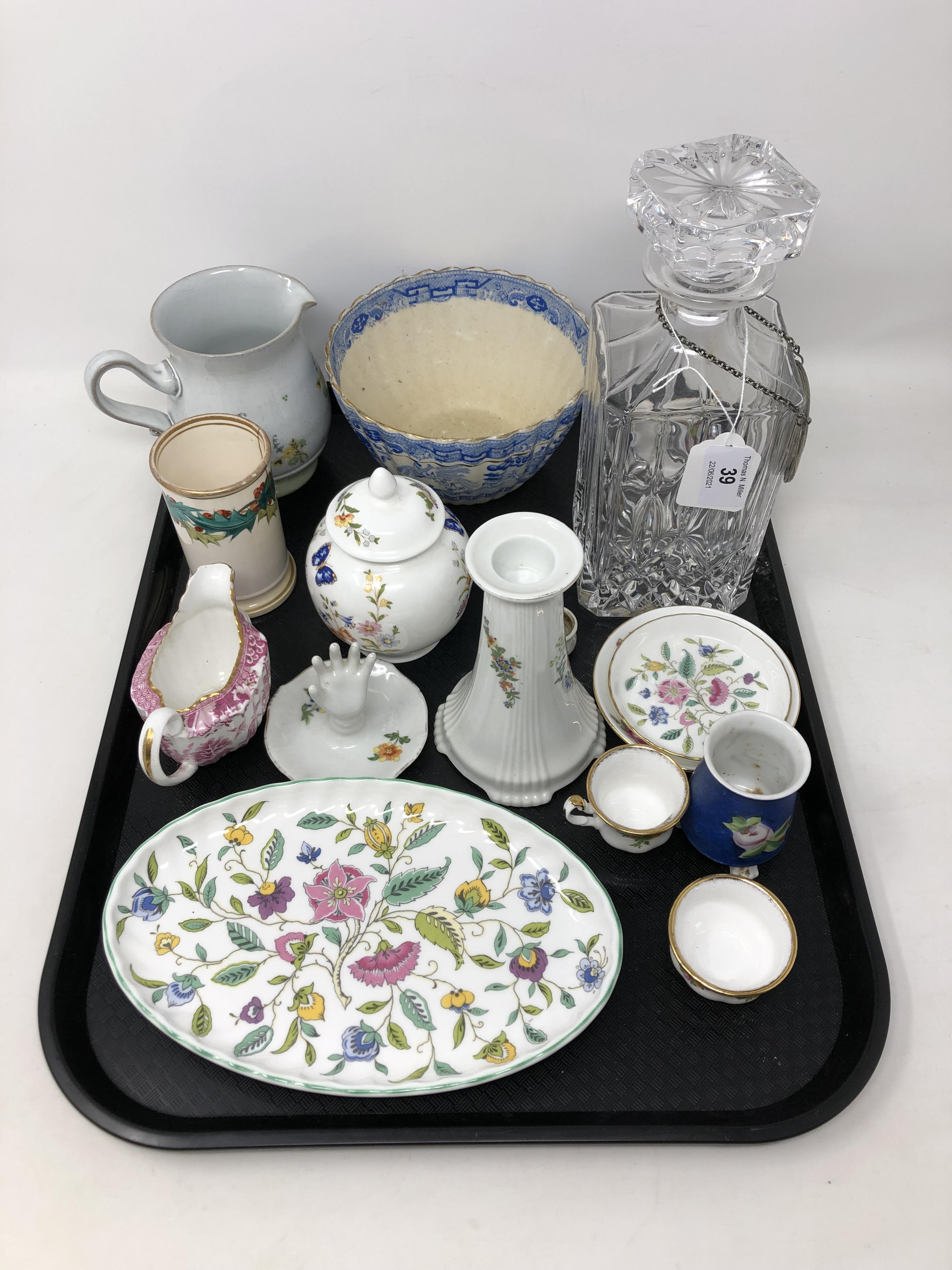 A tray containing crystal decanter, Aynsley lidded jar, Minton Haddon Hall trinket dish,