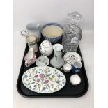 A tray containing crystal decanter, Aynsley lidded jar, Minton Haddon Hall trinket dish,