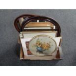 A box of Edwardian stained beech framed mirror, further oval framed mirror,