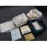 Two boxes and a luggage case containing a large quantity of 20th century linens including boxed