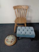 A pine kitchen chair together with a blue dralon upholstered foot stool and a circular tapestry