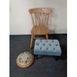 A pine kitchen chair together with a blue dralon upholstered foot stool and a circular tapestry