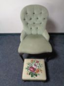 A Victorian style lady's chair upholstered in green dralon together with a tapestry footstool