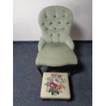 A Victorian style lady's chair upholstered in green dralon together with a tapestry footstool