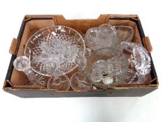 A box containing a large quantity of assorted cut glass and pressed glass to include bowls,