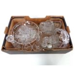 A box containing a large quantity of assorted cut glass and pressed glass to include bowls,