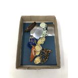 A box containing railway and horse racing memorabilia including badges, enamel fobs.