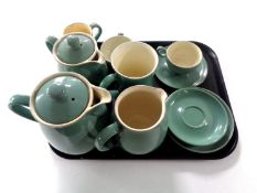 A tray containing 11 pieces of Denby stoneware, tea china, teapots, water jug etc.