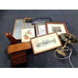 Two plastic laundry baskets of assorted framed pictures and prints, humidor,