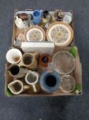 Two boxes containing miscellaneous china and glass ware, pottery vases and jugs,