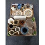 Two boxes containing miscellaneous china and glass ware, pottery vases and jugs,