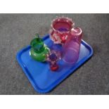 A tray containing four pieces of antique glassware to include a hand painted green glass jug,