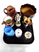 A tray of antique Royal Doulton jug, copper luster jug, 19th century glazed pottery planter,