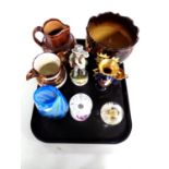 A tray of antique Royal Doulton jug, copper luster jug, 19th century glazed pottery planter,