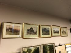 Five 20th century topographical pictures in watercolour and oil, the largest is 24 x 16 cm, framed.