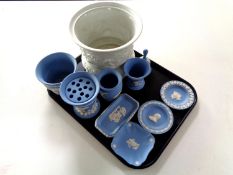 A tray of nine pieces of Wedgwood blue and white Jasperware together with a Portmeirion British